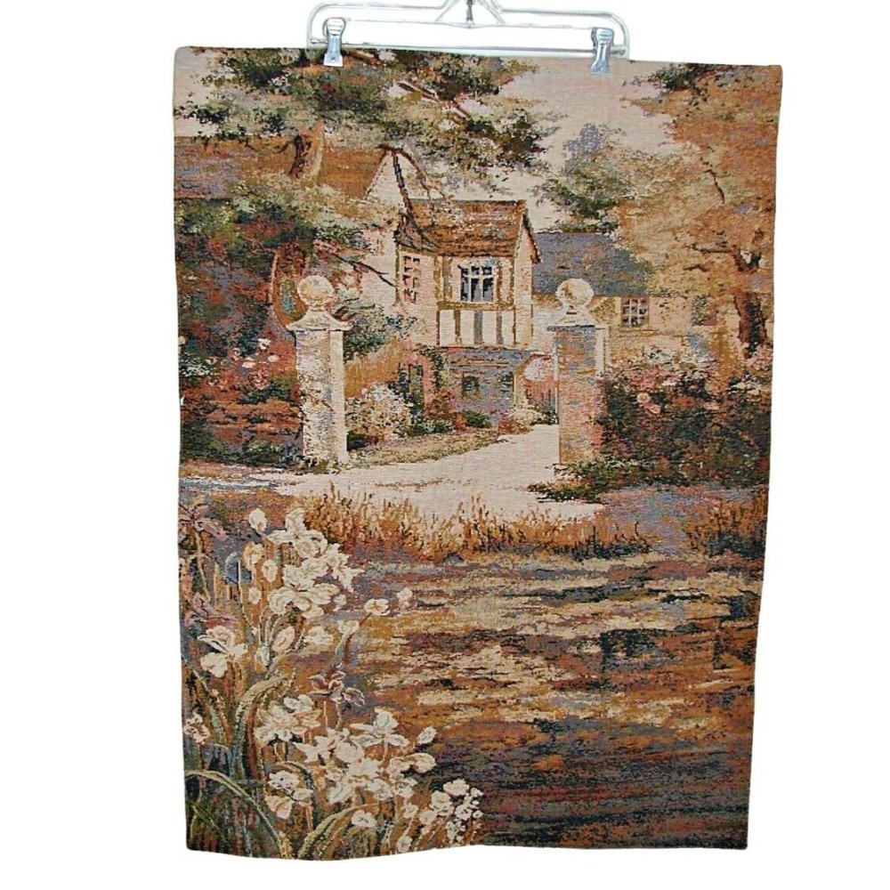 Fine Tapestry Wall Hanging Lily Pond Cottage on the Water by Seagull 26x36"